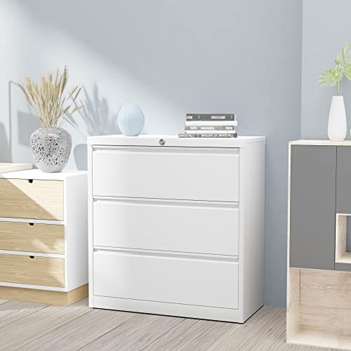 Aobabo 3 Drawer Metal Lateral File Cabinet With Lock,Steel Storage Lateral Filing Cabinet With Letter/Legal Size For Home Office,Anti-Tilt Structure,Assembly Required (White 3Drawer) #TOP3