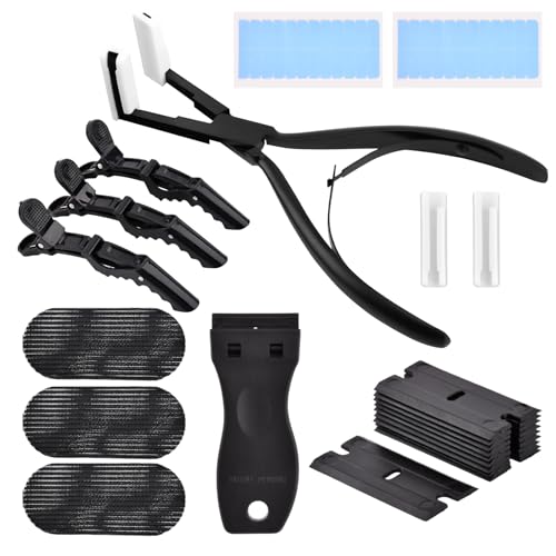 Tape in Hair Extension Tools Kit, Stainless Steel Plier, Remover Scraper, Clips & Tape for Tape-in Extensions, Black Styling Set for Home & Salon Use