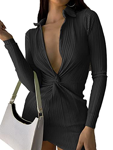 LYANER Women s Collar Deep V Neck Twist Front Ruched Long Sleeve Bodycon Mini Dress Black Large
