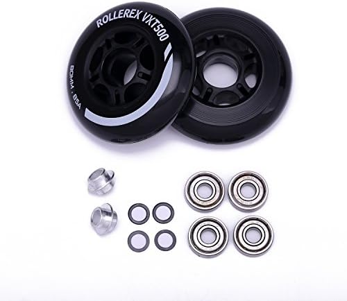 Rollerex VXT500 Inline Skate/Rollerblade Wheels (2-Pack w/Bearings, spacers and washers) - Use on Roller Blades, RipStiks, Luggage, Baggage or Wheelchairs (Steel Black, 72mm)