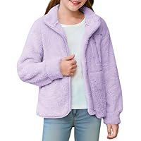Haloumoning Girls Fuzzy Fleece Jacket Kids Sherpa Zip Up Fall Winter Coat Outerwear with Pockets 5-14 Years