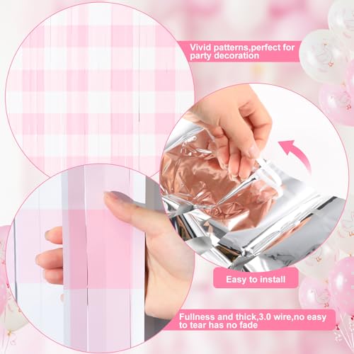 Image of WovWeave 2 Pcs Pink Gingham Party Decorations 3.3 x 6.6 ft Pink and White Checkered Foil Fringe Curtains Backdrop Tinsel Streamers for Wedding Birthday Baby Shower Party Decor Supplies