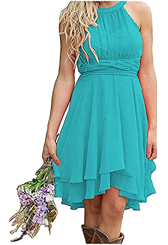 Country Bridesmaid Dresses for Wedding High Low Halter Chiffon Short Western Wedding Guest Dress Turquoise Size 12