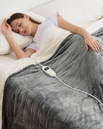 Heated Throw Blanket, Electric Blanket with 10 Heating Levels&8 Hours Auto Off,Heating Blanket with Soft Flannel and Warm Sherpa Reversible for Home/Office,Machine Washable,62''x 84'',Xmas Gifts,Grey