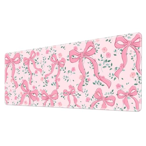 Pink Bow Gaming Mouse Pad Large Desk Mat Extended Keyboard Mouse Pad Anime Mousepad with Non-Slip Base and Stitched Edge Mouse Mat Desk Pad 31.5 x 11.8 Mouse Pads for Desk Home Office Gaming