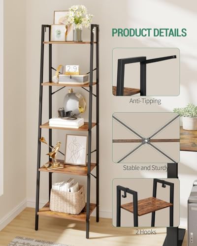 Image of Hzuaneri 5-Tier Ladder Shelf, Bookshelf Bookcase, Freestanding Corner Storage Shelves with 2 Hooks for Home Office, Living Room, Kitchen, Bedroom, Industrial, Rustic Brown and Black BC19201B