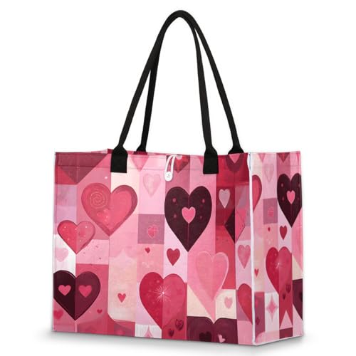 Pink Love Star Tote Bag for Women Large Beach Bag Reusable Tote Bags for Work Travel Beach Shopping