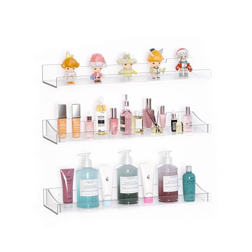 Poerlve Acrylic Shelves for Bathroom, Clear Floating Shelves for Wall, Wall Organizer Suitable for Bathroom, Bedroom, and Living Room Storage for Make Up,Action Figure,Books -3 Pack