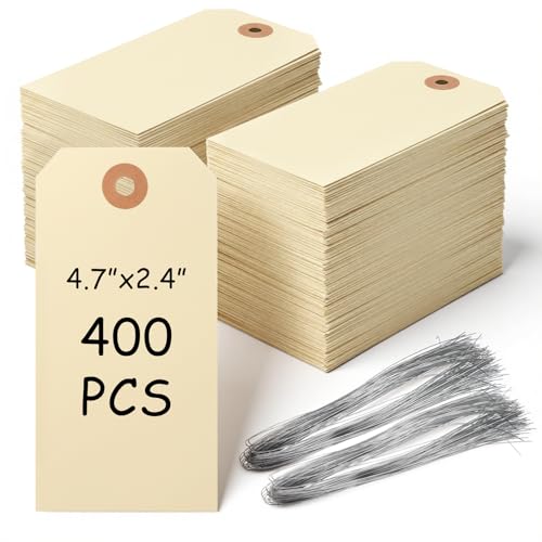 Oqqlin 400 Pcs Blank Shipping Tags with Wire, 4.72 x 2.36 Inch Manila Label Hang Tags with Reinforced Hole Writable Paper Price Tag for Clothing, Crafts, Jewelry, Gifts