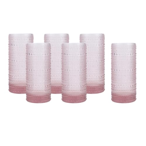 Fortessa Jupiter Beaded Hobnail Glass, 11 Ounce Collins/High Ball (Set of 6), Pink