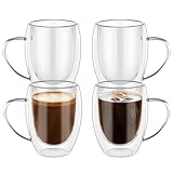 4 tazas de café de cristal, 350 ml, tazas de café de doble pared con asa para bebidas calientes/frías, tazas de vidrio...
