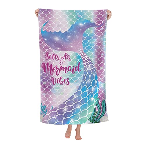 COMFAR Mermaid Microfiber Beach Towels for Girls/Kids Personalized Beach Towels for Toddler/Baby Cute Beach Towel Thin Quick Dry Pool Towel 30x 60