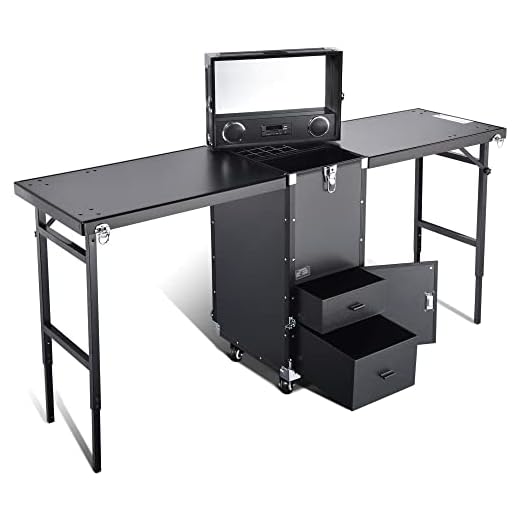 BYOOTIQUE 2 Tabletops Manicure Platform Portable Rolling Makeup Train Case Tattoo Station Table Nail Desk Workstation with 4 Drawers Mirror Speaker for Salon Travel, Black