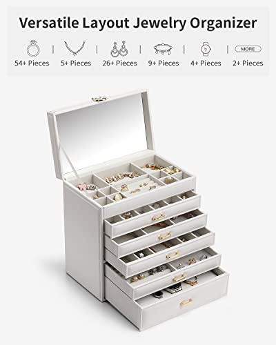 Vlando Large Jewelry Box Organizer,6-Layer Jewellry Organizer,Synthetic Pu Leather Necklace Ring Earrings Storage For Women Christmas New Year Thanksgiving Gift White #TOP1