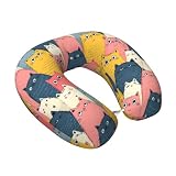 Fuzquwu Cartoon Cat Pattern Neck Pillow for Traveling Airplane,Pure Memory Foam U-Shaped Neck Pillows for Flight Headrest Sleep