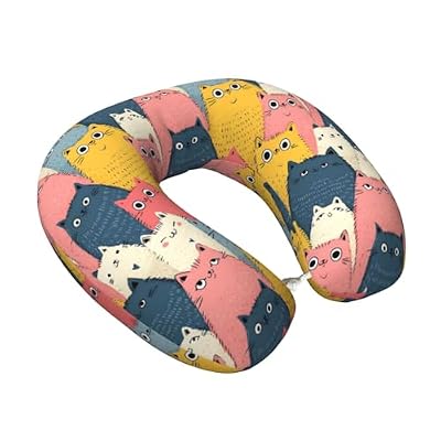 Fuzquwu Cartoon Cat Pattern Neck Pillow for Traveling Airplane,Pure Memory Foam U-Shaped Neck Pillows for Flight Headrest Sleep