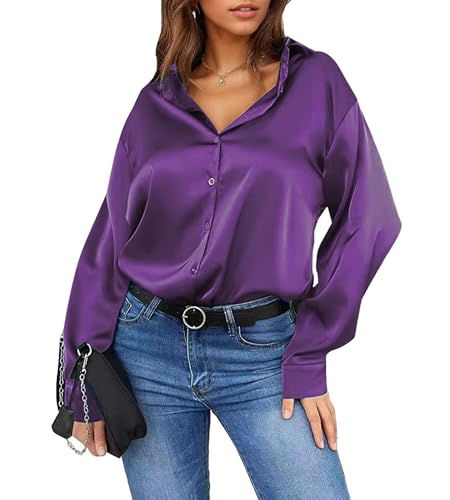 Damipow Satin Silk Button Down Shirts for Women Dress Shirts Long Sleeve Blouses Womens Shirt,Dark Purple,2XL