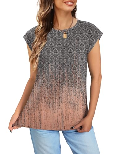 NORACORA Womens Spring Summer Cute Floral Tops Crew Neck Shirts Short Sleeve Tunic Basic Blouses Loose Tops Party Cap Sleeve T Tshirts Grey Pink Gradient S — view 5