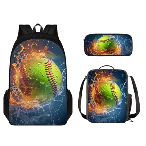 Set zaino per bambini 43.2 cm leggero con scatola per matite e borsa per il pranzo 3 pezzi Water Fire - Palla da softball colore: Blu e Arancione Taglia unica Set di zaini per