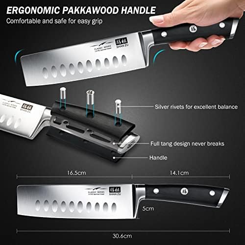 SHAN ZU Kitchen Knife Nakiri, Japanese Knife of 16,5 cm, Chef Knife German Stainless Steel, Knife for Vegetables Professional with Ergonomic Handle and Gift Box