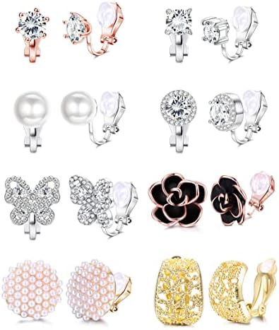 CASSIECA 8 Pairs Clip on Earrings for Women Silver Faux Pearl Cubic Zirconia Butterfly Clip Earrings Non Piercing Semi Hoop Gold Clip on Earrings Non Pierced Clip Earrings Set