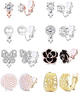 CASSIECA 8 Pairs Clip on Earrings for Women Silver Faux Pearl Cubic Zirconia Butterfly Clip Earrings Non Piercing Semi Hoop Gold Clip on Earrings Non Pierced Clip Earrings Set
