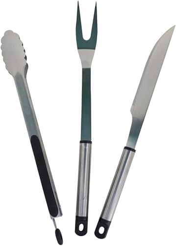 ALVA 3Pc BBQ/Braai Tool Set | Tongs, BBQ Fork, Knife | Steel & Silicone