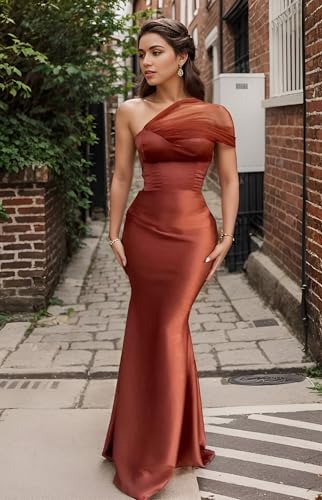 Image of One Shoulder Mermaid Bridesmaid Dresses 2026 Satin Tulle Formal Evening Gowns for Wedding Guest DR0607