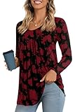 Picture of LONGYUAN Women's Long Sleeve Casual Tunics Tops 2025 Winter Loose Shirts Flare Blouse Comfy Elastic Cute Red flower Medium
