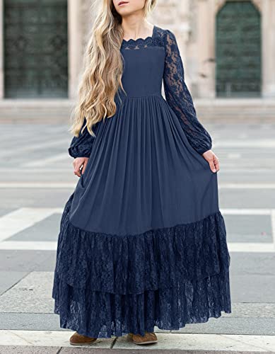 Mitilly Girls Boho Long Sleeve Backless Lace Flower Square Neck Tiered Ruffle Swing Party Maxi Dress 12 Years Navy #TOP3