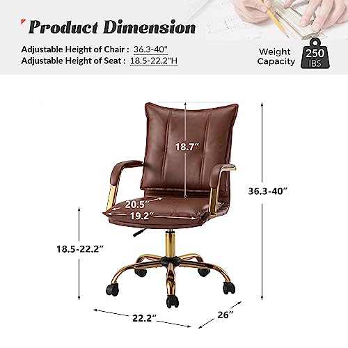 Hulala Home Faux Leather Home Office Desk Chair, Adjustable Swivel Computer Chair With Golden Legs And Arms, Comfy Upholstered Task Chair,Brown #TOP1