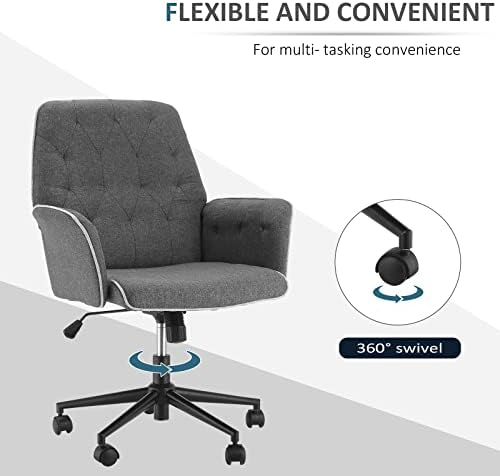 HOMCOM Linen Office Swivel Freely Chair Ergonomic Mid Back Computer Seat Soft Padded Armrest Desk Chair with Adjustable Height Suitable For Home Office - Grey