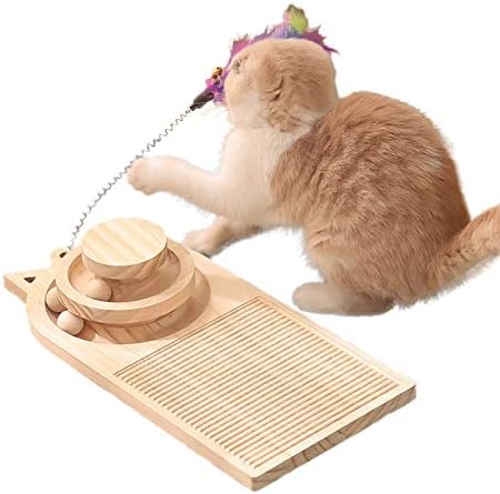 Cat Turntable Scratcher, Wooden Cat Scratching Board Toys, Double Layer Cat Turntable with Interactive Ball and Cat Scratching Board,…
