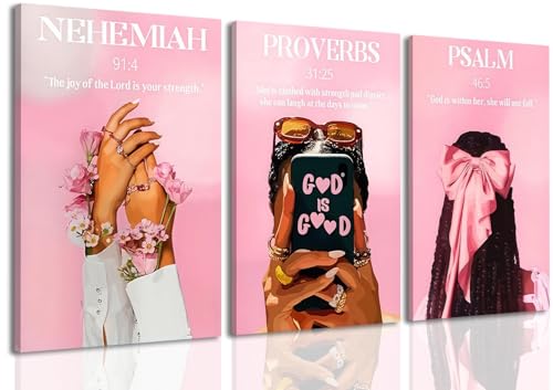 DAXINGJ Pink Christian Wall Art Set of 3, Black Girl Framed Prints