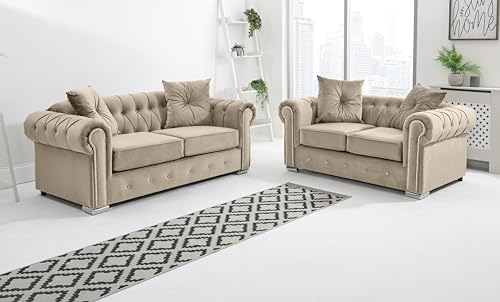 Sofahub Olympia Cream Plush Velvet Chesterfield Sofa – Diamond Detailing & Foam Seat Cushions – Available in 2 Seater, 3 Seater, 3+2, Corner & Corner with Diamonds (Cream, 3 Seater) - Image 4