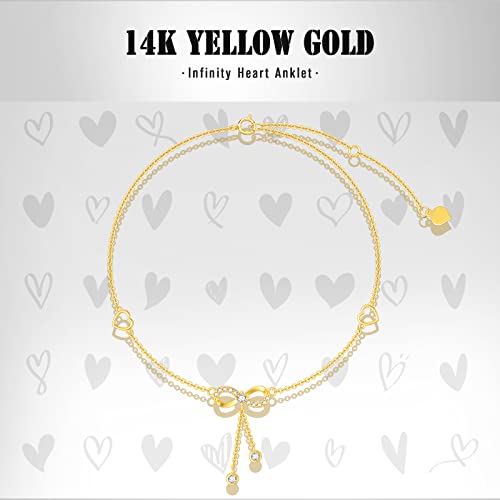 14K Solid Gold Heart Infinity Anklet For Women,Real Gold Dainty Moissanite Infinity Heart Anklets Beads Station Anklet Foot Link Anniversary Birthday Jewelry Gifts For Wife Girlfriend 8''+2'' (Yellow) #TOP4