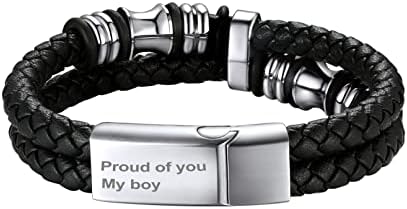 bandmax Double Row Black Braided Leather Wristband for Men Stainless Steel Beaded Double Layer Leather Cord Wristband Bangle with Magnetic Buckle