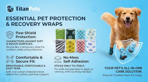 Image of Dog Bandage Cohesive Wrap for Paw & Leg | 7.5cm x 4.5m - Pack of 6 | Easy Tear, Fur Safe | Self Adhesive Elastic Vet Tape for Walking Protection, Wound Care & Licking Prevention Bandage Roll