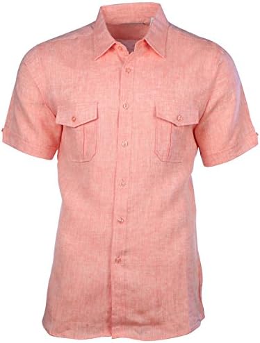 Mojito Collection Men's Linen 2-Pocket Short Sleeve Button Down Shirt-Orange-Large