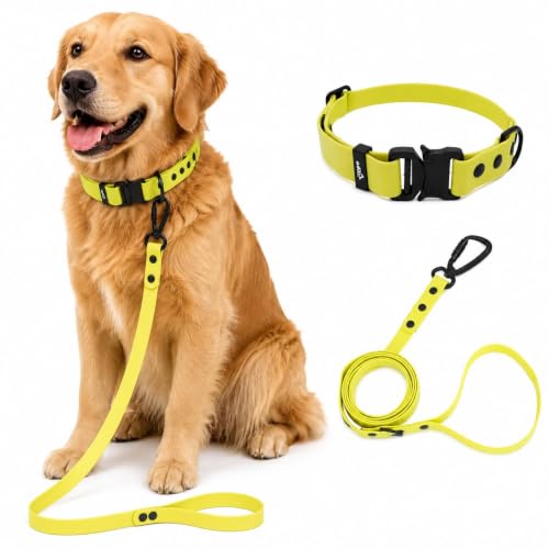 Image of Adil's Biothane Waterproof Dog Collar, Dog Leash & Collar Leash Combo | Heavy Duty TPU Coated Webbing | Adjustable Quick Release Buckle | Odour Resistant (Yellow, L-22, Collar & Leash Combo)