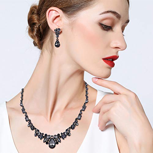 Ever Faith Women's Rhinestone Crystal Elegant Wedding Floral Teardrop Necklace Earrings Set Grey Black-Tone #TOP1