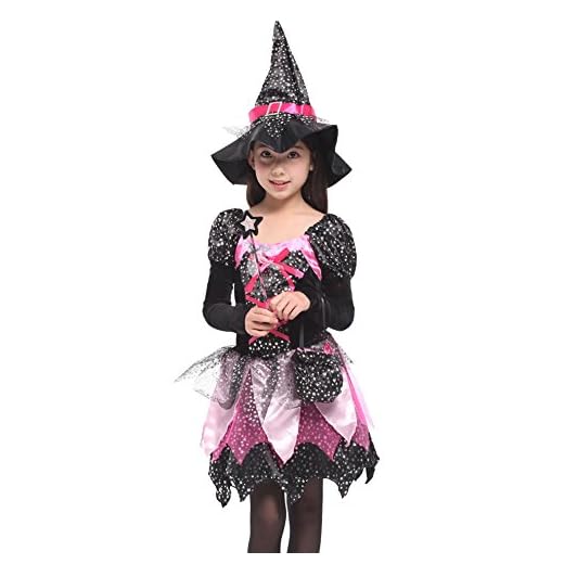 Cloudkids Disfraz de Bruja para Niñas Infantil con Sombrero de Bruja Hechicera- Niña - Disfraz - Carnaval - Halloween - Cosplay - Accesorios, Color Negro-Rosa- Talla XL, 10 a 12 años