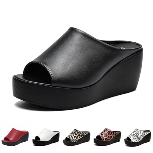 Gezolligheid Fashion Big Kid Orthopedic Sandals Summer Comfortable Orthotic Leather Wedges Slides Dressy Little Kid Platform Heel Arch Support Slip Sandals(Black-35)