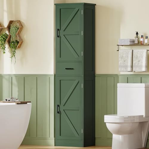 Image of TEENFON Kitchen Pantry Cabinet with 3 Door Shelves & 1 Drawer, Narrow Bathroom Cabinet with Adjustable Shelves, Tall Storage Cabinet for Living Room, Bathroom, Entryway, Green