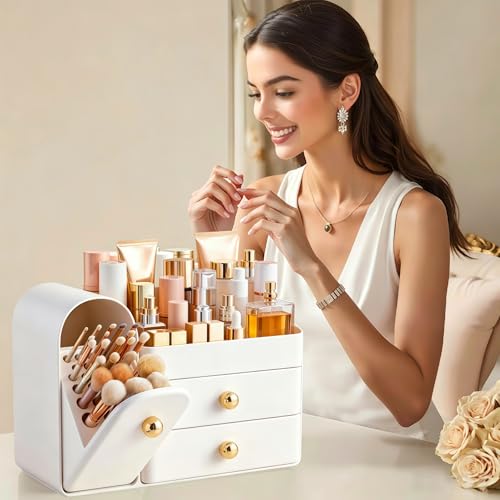 HBlife Makeup Organizer Countertop with Drawers, Vanity Organizers with Brush Holder, Bathroom Counter Organizer for Perfume, Nail Polishes, Lipsticks, Skincare and Eyeshadow Palettes, All White by HBlife - Image 6