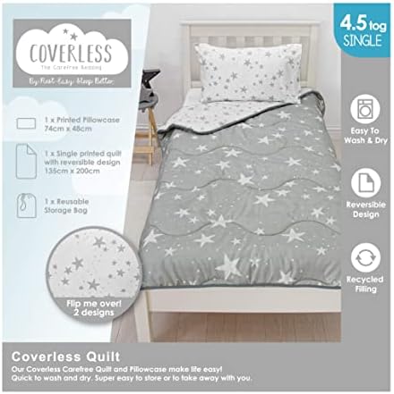 Rest Easy Single Coverless Duvet Bedding | Care Free Reversible Coverless Quilt & Pillowcase | Washable Duvet | Perfect For Travelling & Sleepovers, 4.5 Tog Grey Stars Design
