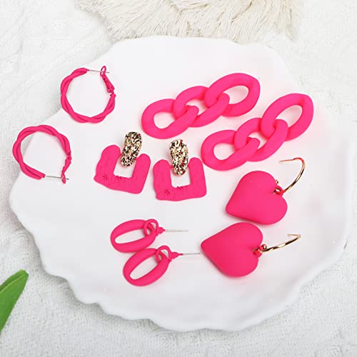 5 Pairs Hot Pink Big Hoop Earrings Vintage Minimalist Classic Retro Geometric Square Large Star Hollow Drop Dangle Neon Disco 80S Party Statement Earrings For Women Girls #TOP5