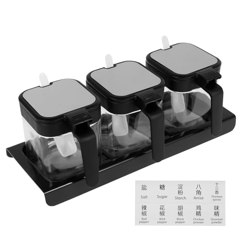 FwQoFvk Clear Glass Condiment Jar with Tray Spice Container with Lid and Spoon Enduring Kitchen Spice Pot for Condiment Storage (Black)