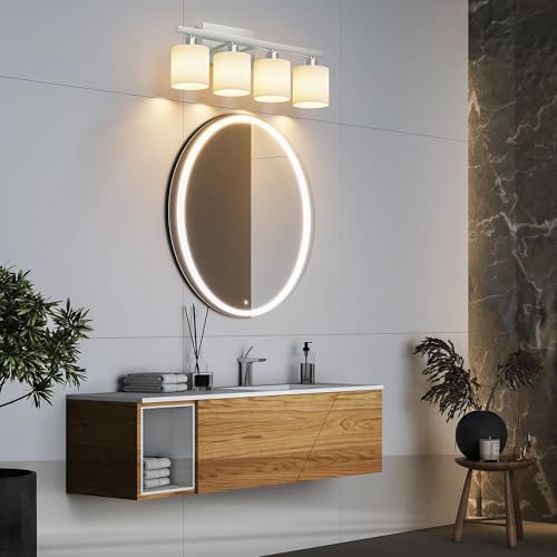 PARTPHONER Bathroom Light Fixtures, Bathroom Lighting Fixtures Over Mirror, Classic Vanity Lights, Modern Vanity Light with Textured Frosted Opal White Glass Shades, Brushed Nickel, 4-Light
