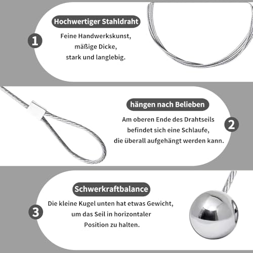 Fotodrahtseil, 5 Stück Fotodraht Mit Magneten, Fotoseil Fotodrahtseil, Edelstahl Draht Seil mit 60 Knopfmagnete, Fotokette Stahlseil mit Ösen und Haken Ideal zum Fotos 2 m X 1.5 mm